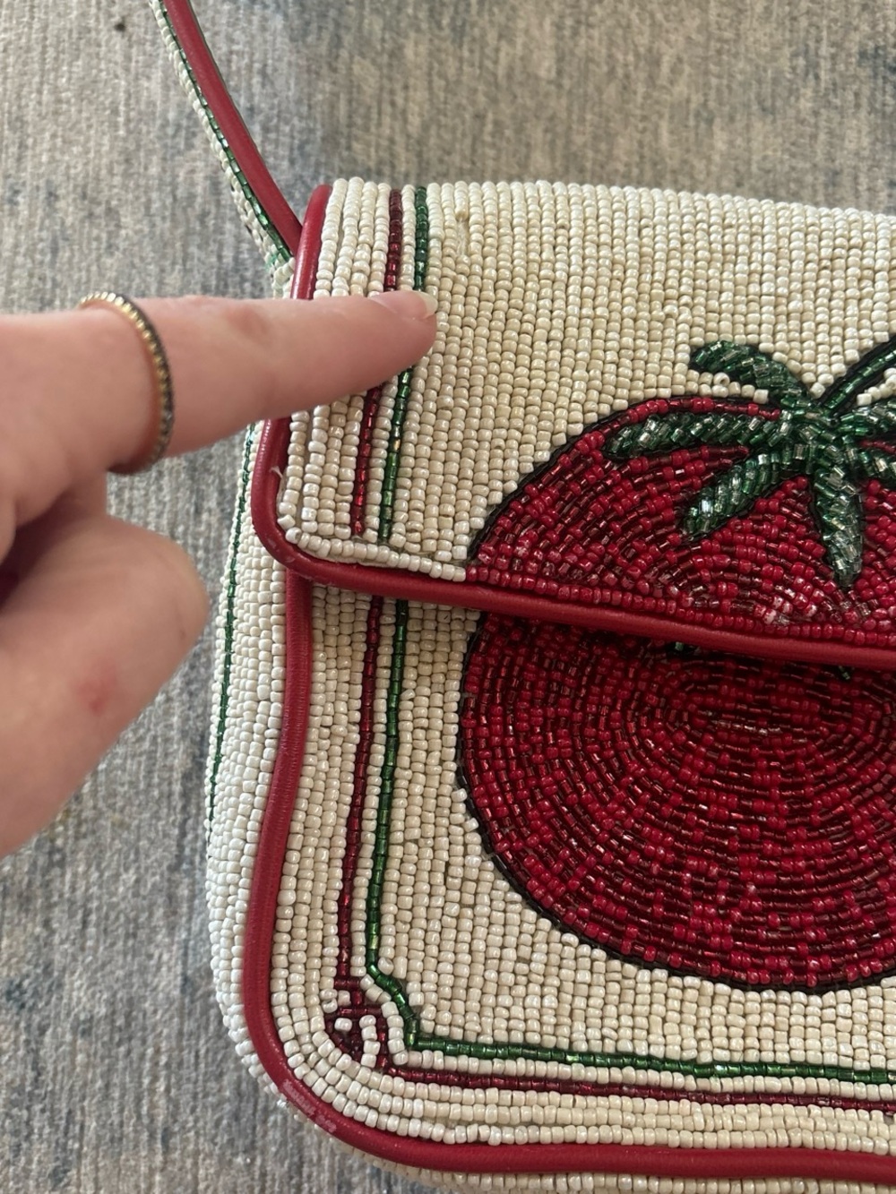 Staud Tommy Beaded Tomato Motif Shoulder Bag - Cream & Red Authentic - Picture 3 of 7